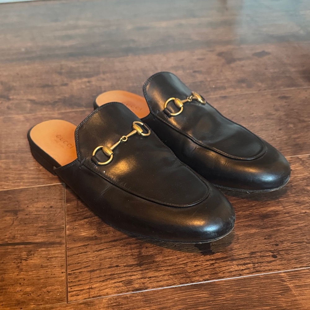Gucci Black Leather Princetown Loafers Mules horsebit size 40 / 10
